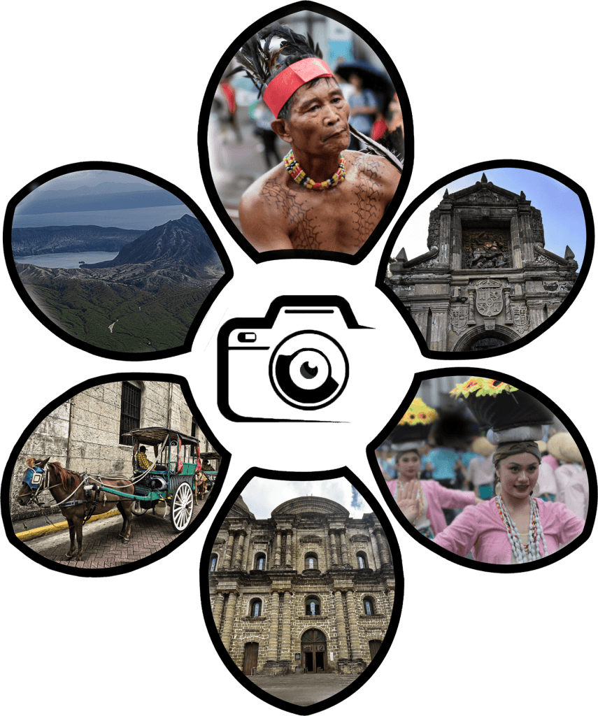 Scenic Photo Collage of the Philippines: Tribal Warriors, Taal Volcano, Kalesa, Historic Churches, Cultural Dancers